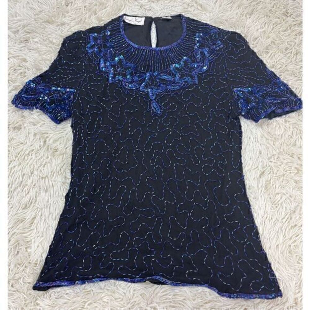 Blue & Black Vintage Beaded Silk Blouse size Medium by Laurence Kazar